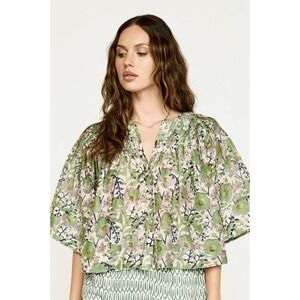 Mirth Kerala Blouse Womens M Lavender Green Floral Pintuck Swingy Button Up NWT